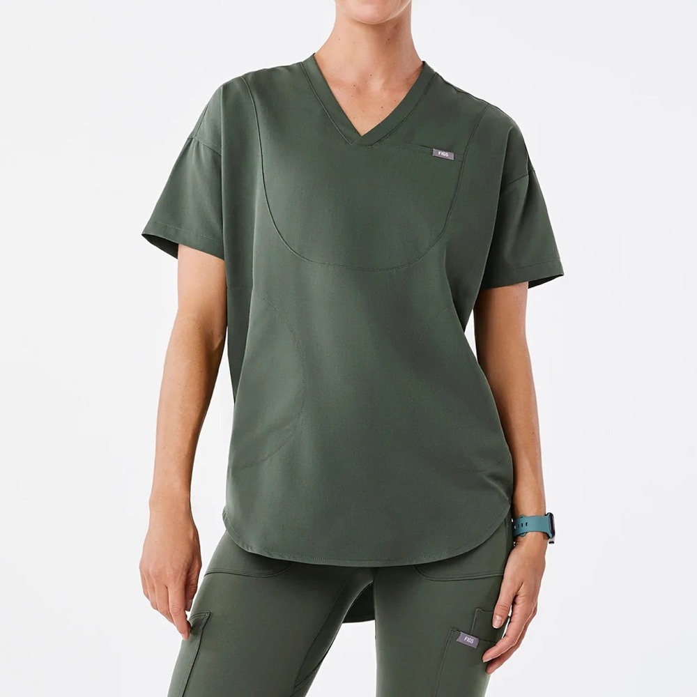 FIGS- Halle V-Neck Tunic Scrub Top in moss